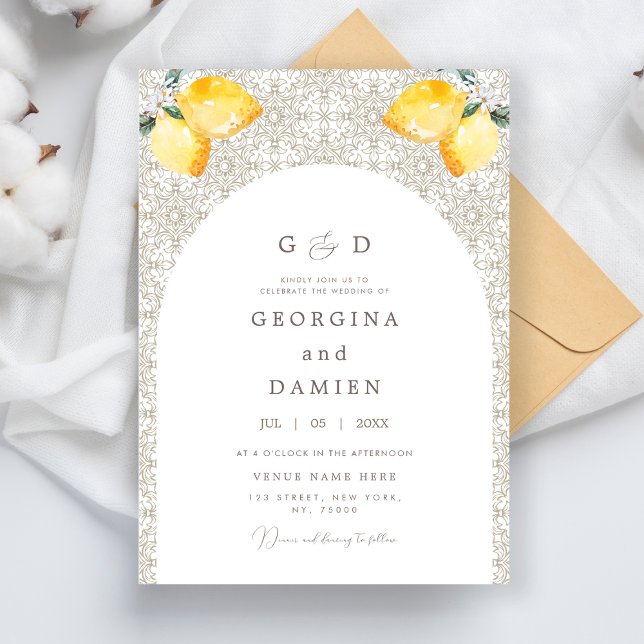 Beige Mediterranean Tile Lemons & Photo Wedding Invitation (Creator Uploaded)