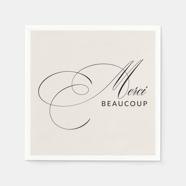 Beige Merci Beaucoup Elegant Calligraphy Thank You Napkin (Front)