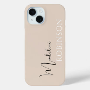 Beige Minimal Modern Initial Name Script iPhone 15 Case