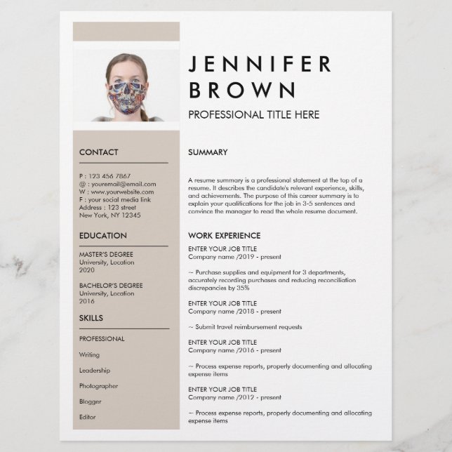 Beige Minimal resume cv with photography (Front)
