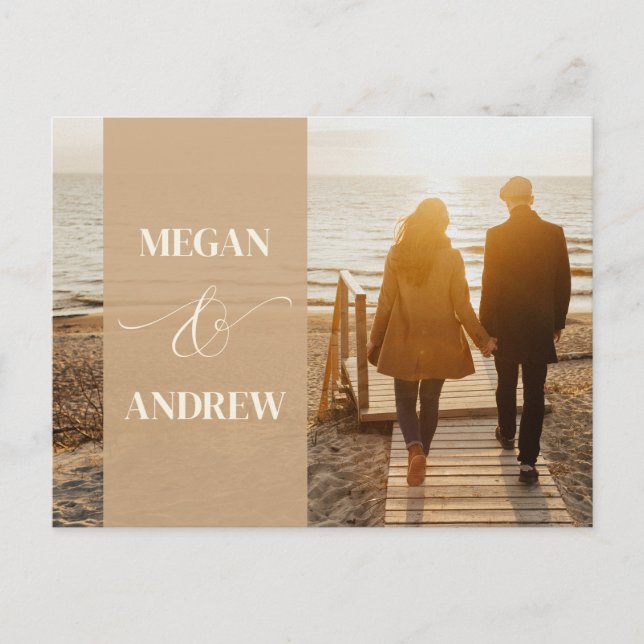 Beige minimalist photo wedding postcard (Front)