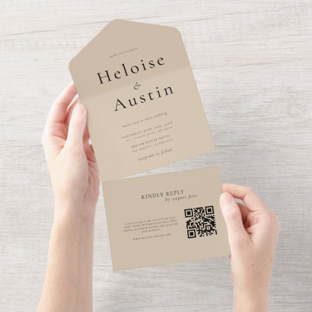 Beige Minimalist QR Code All in one invitation (Tearaway)