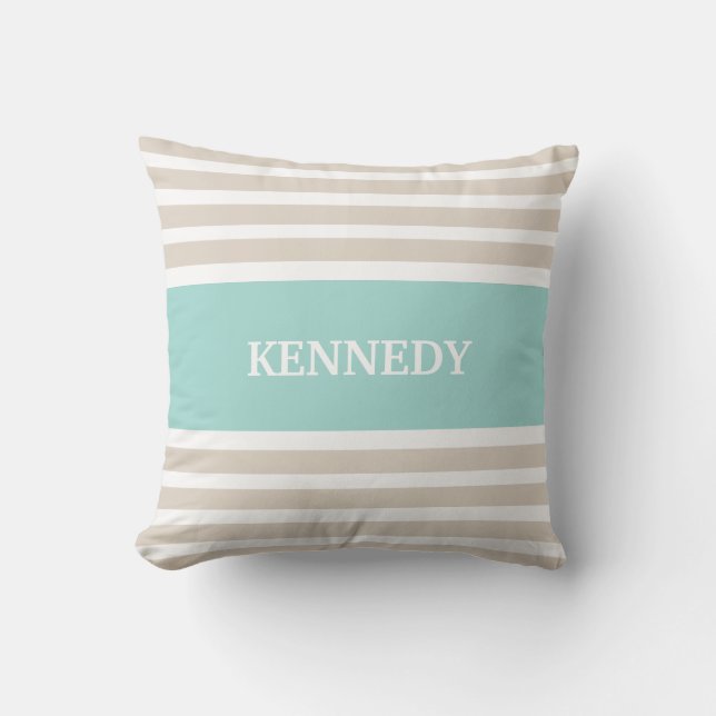 Beige Mint Green Stripes Monogram Cushion (Front)