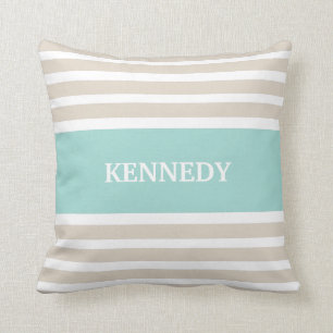 Beige Mint Green Stripes Monogram Cushion