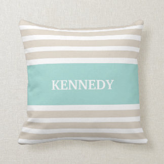 Beige Mint Green Stripes Monogram Cushion