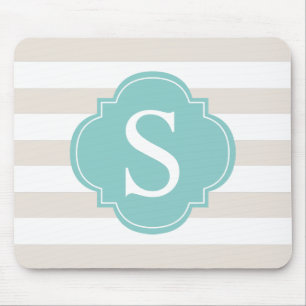 Beige Mint Stripes Monogram Mouse Pad