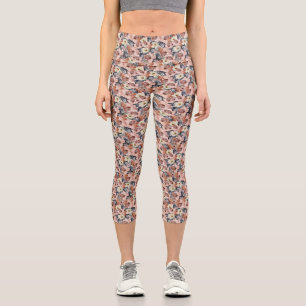 Beige Mix Flowers Pattern Capri Leggins Leggings