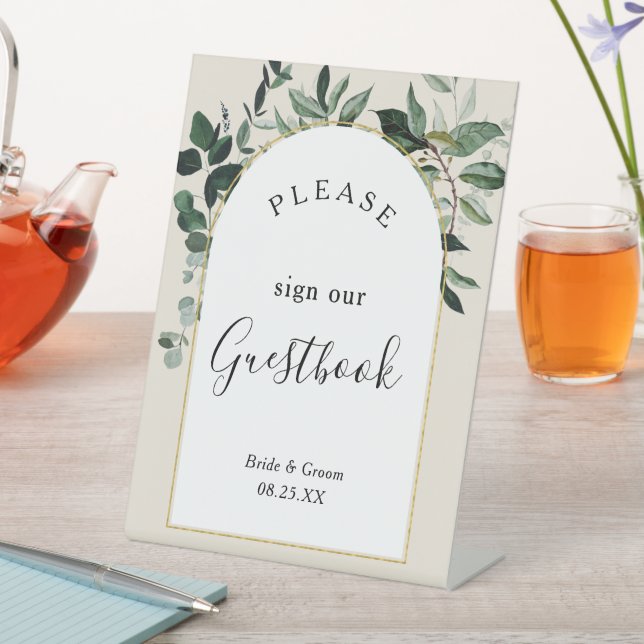 Beige Modern arch watercolor greenery guest book  Pedestal Sign (In SItu)