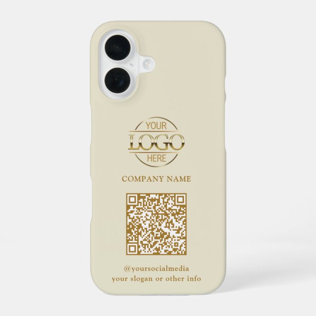 Beige Modern Business Logo & QR Code Promotional iPhone 16 Case (Back)