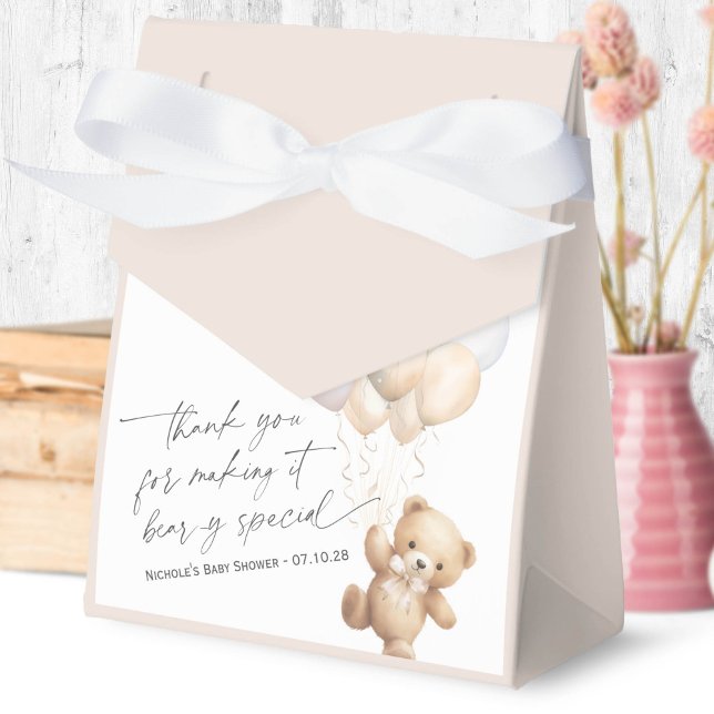 Beige Modern Cute Bearly wait Gender Neutral Favour Box (We Can Bearly Wait, Beige Baby Boy Shower Favor Box.)