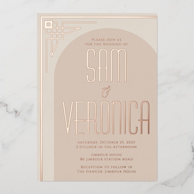 Beige Modern Deco Arch Foil Invitation (Front)