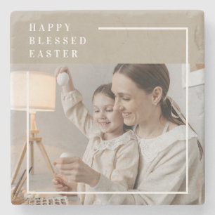 Beige Modern Family Photo Happy Blessed Easter Stone Coaster