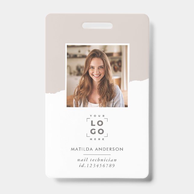 Beige modern minimal photo abstract ID badge (Front)