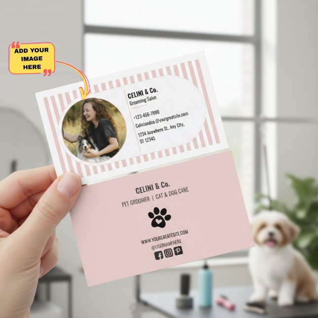 Beige Modern Pet Grooming Business Card with Photo (Beige Modern Pet Grooming Business Card with Photo, Paw Print and Social Media Details)