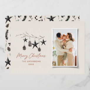 beige modern scandi elegant script Christmas photo Foil Holiday Card