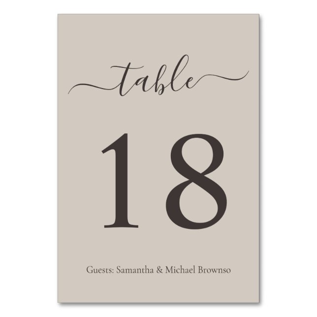 Beige Modern Script Romantic Wedding Table Number (Front)