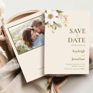 Beige Modern Watercolor Floral Photo Wedding Save The Date