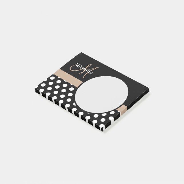 Beige Monogram Black White Polka Dot Post-it Notes (Angled)