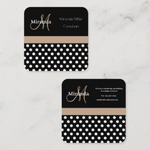 Beige Monogram Black White Polka Dot Square Business Card