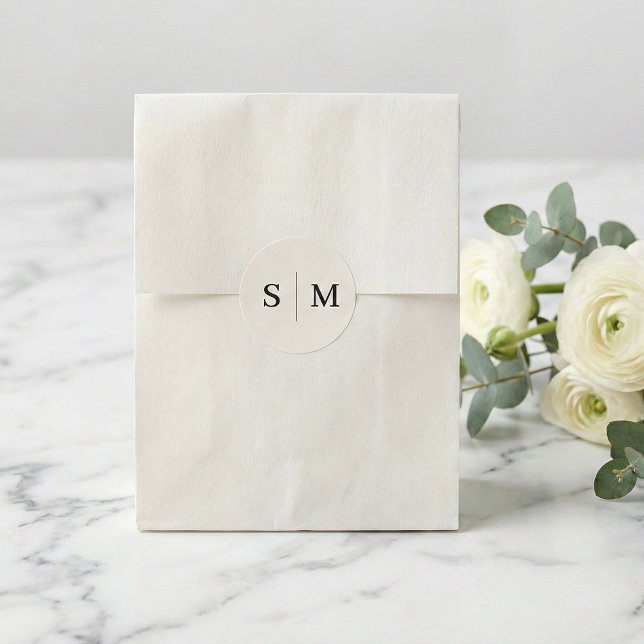 Beige Monogram Elegant Wedding Classic Round Sticker (Creator Uploaded)
