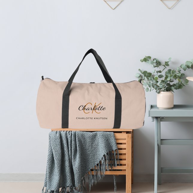 Beige monogram initials name modern duffle bag (Creator Uploaded)