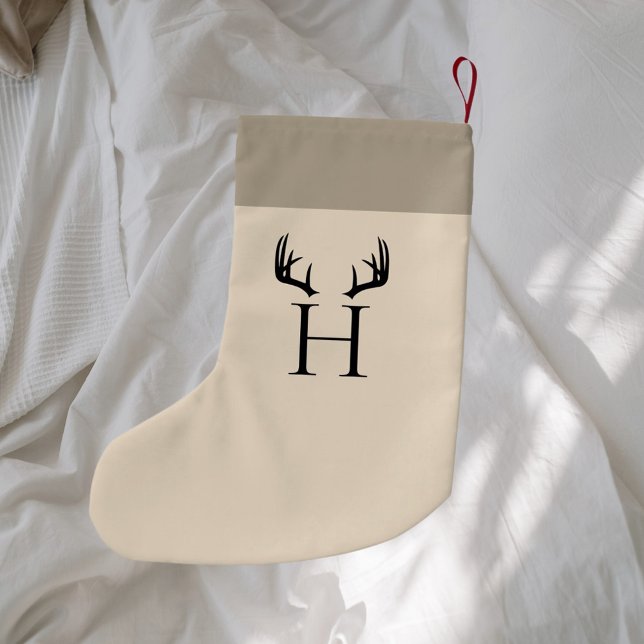 Beige monogram modern antlers small christmas stocking (Creator Uploaded)