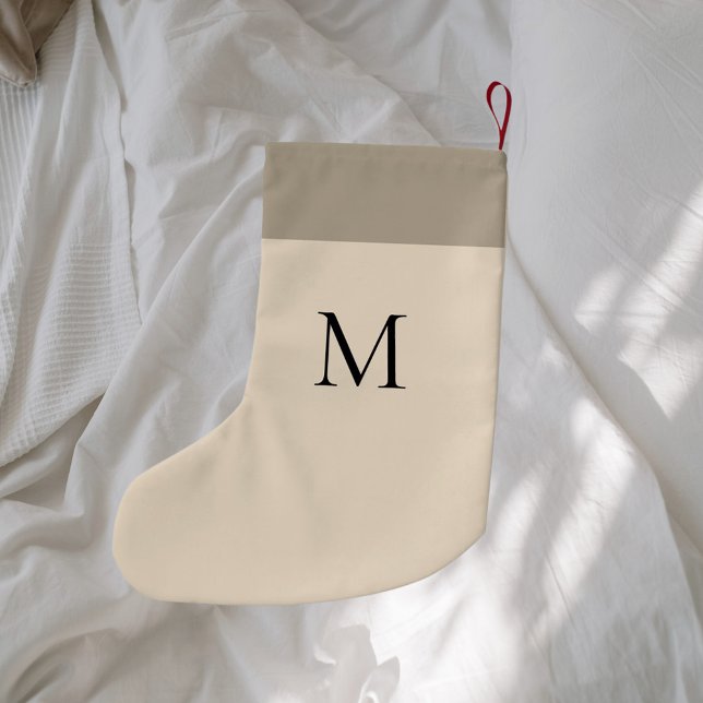 Beige monogram modern minimalist small christmas stocking (Creator Uploaded)