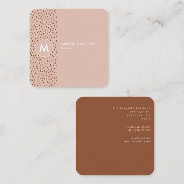 Beige Monogram Terracotta Brown Dots Print Square Business Card (Front/Back)