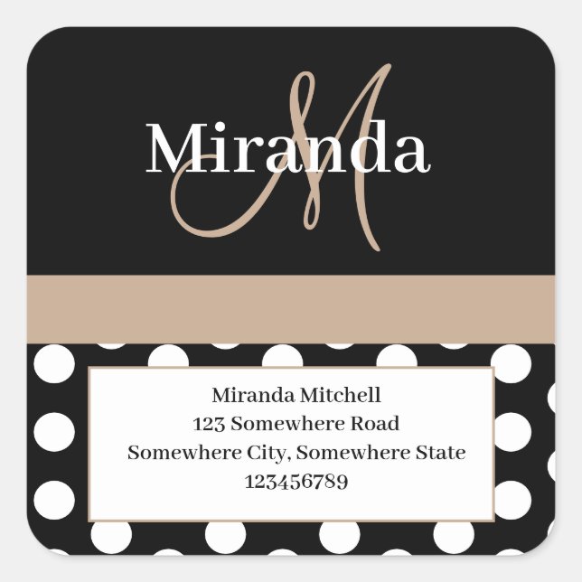 Beige Monogram White Polka Dot Return Address Square Sticker (Front)