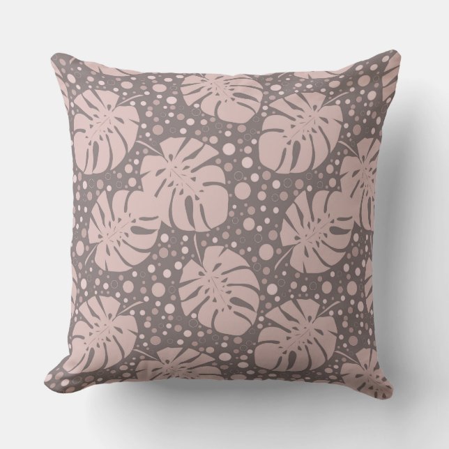 Beige monstera leaves on brown polka dot cushion (Front)
