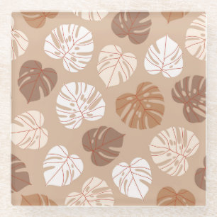 Beige Monstera Leaves: Trendy Hand-Drawn Pattern Glass Coaster
