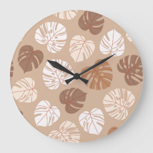 Beige Monstera Leaves: Trendy Hand-Drawn Pattern Large Clock