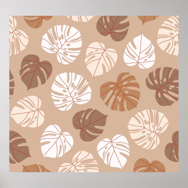 Beige Monstera Leaves: Trendy Hand-Drawn Pattern Poster (Front)