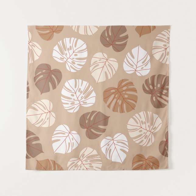 Beige Monstera Leaves: Trendy Hand-Drawn Pattern Tapestry (Front)
