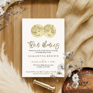 Beige Moon Twins Baby Shower Invitation