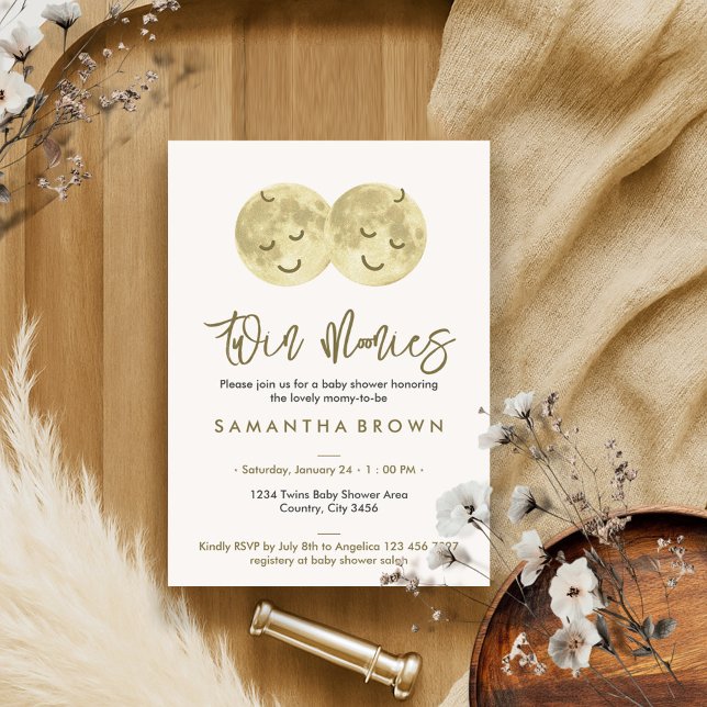 Beige Moon Twins Baby Shower Invitation (Creator Uploaded)