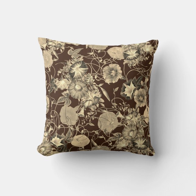 Beige Morning Glory Flowers on Dark Brown Cushion