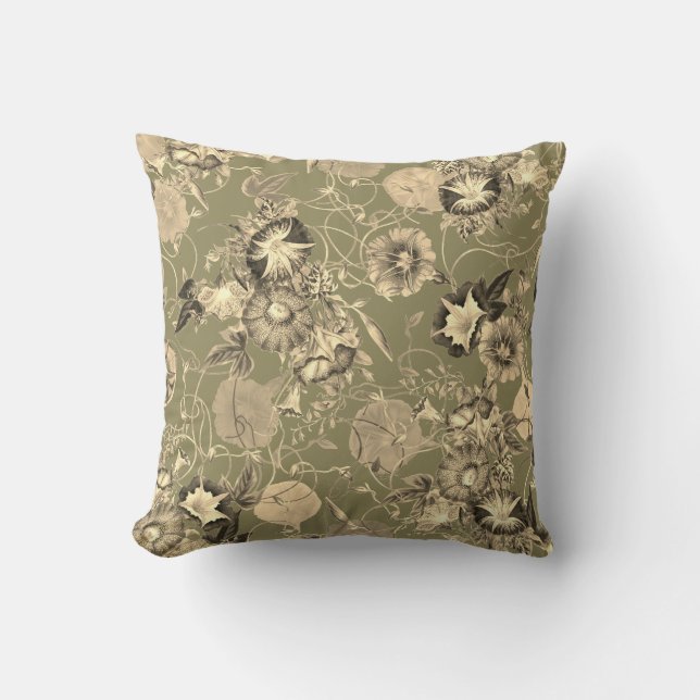 Beige Morning Glory Flowers on Olive Green Cushion (Front)