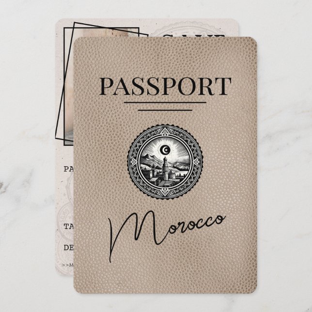 Beige Morocco Passport Save The Date (Front/Back)