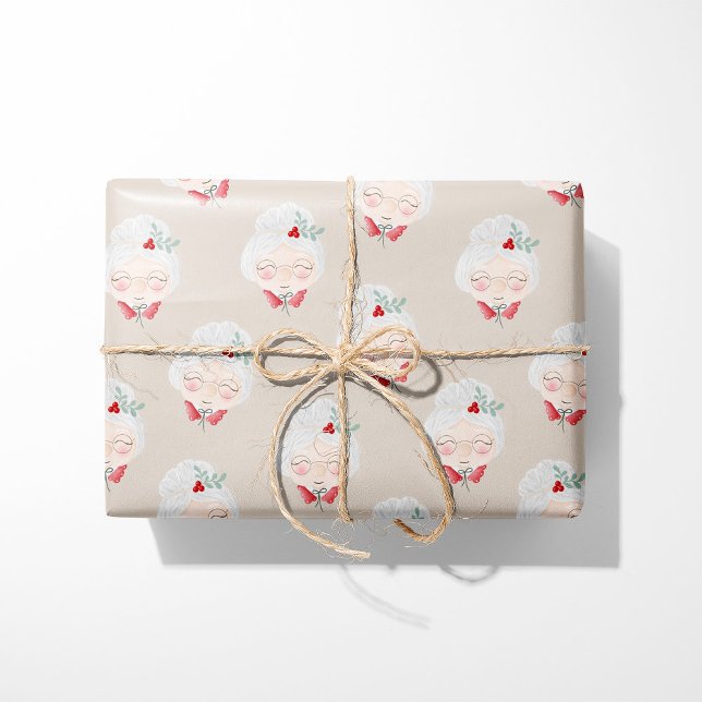 Beige Mrs. Claus Faces Christmas Wrapping Paper (Creator Uploaded)