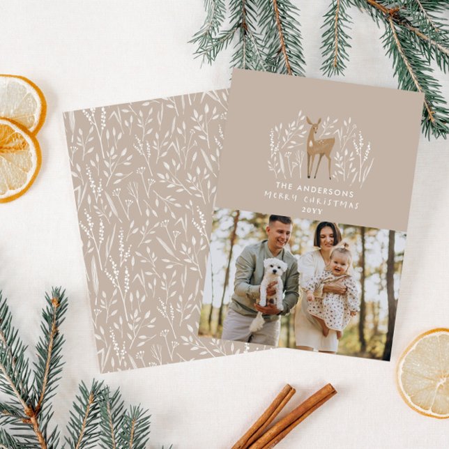 Beige natural hand drawn reindeer elegant photo holiday card (Creator Uploaded)