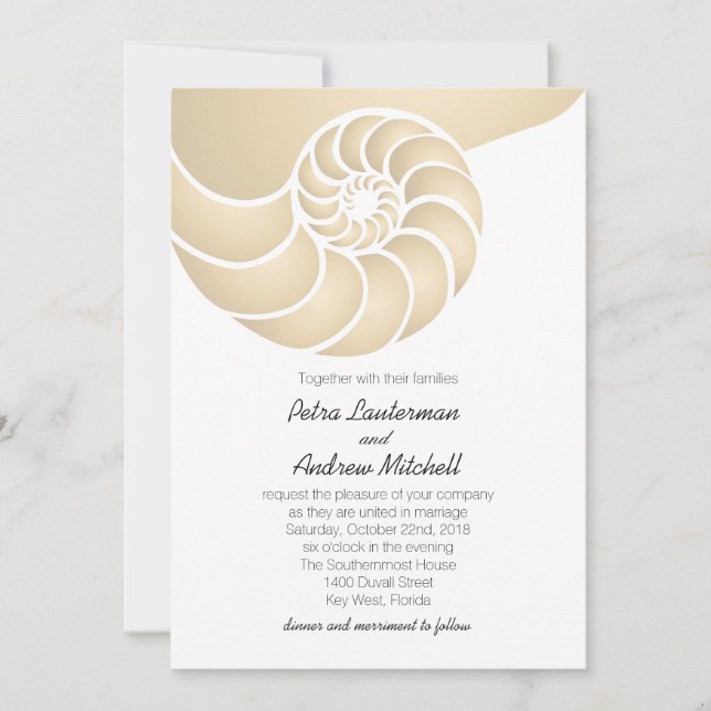 Beige Nautilus Shell Beach Wedding Invitation (Front)