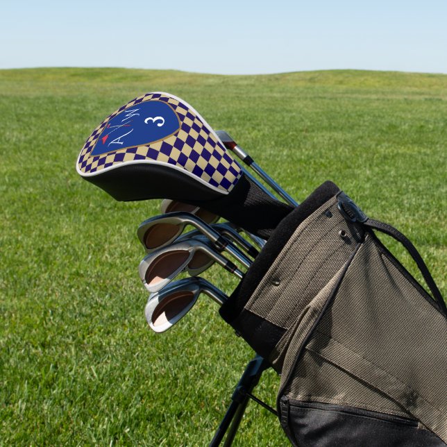Beige & Navy Blue Checks with Initials & Number Golf Head Cover (In Situ)