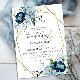 Beige Navy Blue Elegant Floral Gold Frame Wedding Invitation