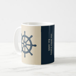 beige navy blue ship wheel Family Name est. Year  Coffee Mug