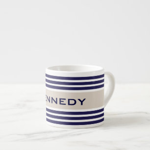 Beige & Navy Blue Stripes Custom Monogram Espresso Cup