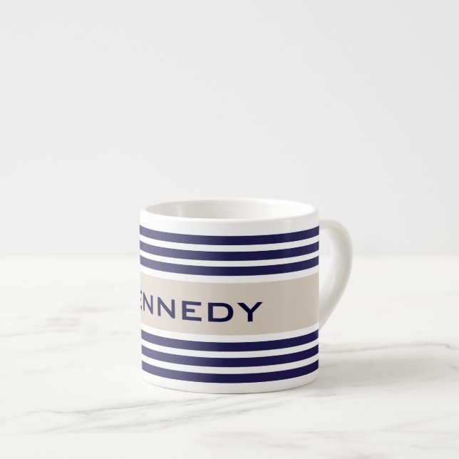 Beige & Navy Blue Stripes Custom Monogram Espresso Cup (Front Right)