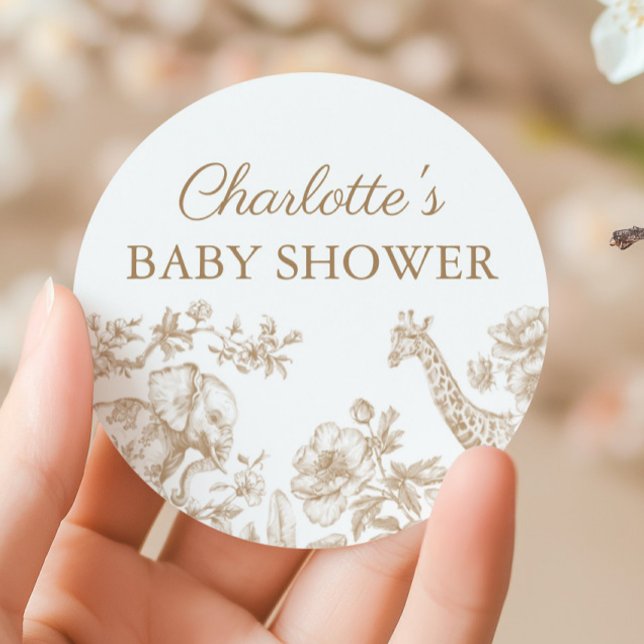 Beige Neutral Baby Shower Safari Toile de Jouy Classic Round Sticker (Beige Neutral Baby Shower Safari Toile de Jouy Classic Round Sticker)