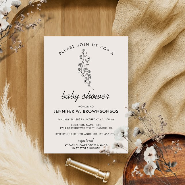 Beige Neutral Floral Classy Elegant Baby Shower Invitation (Creator Uploaded)