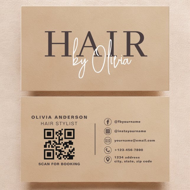 Beige Neutral Suede QR Code Hair Stylist  Business Card (Creator Uploaded)